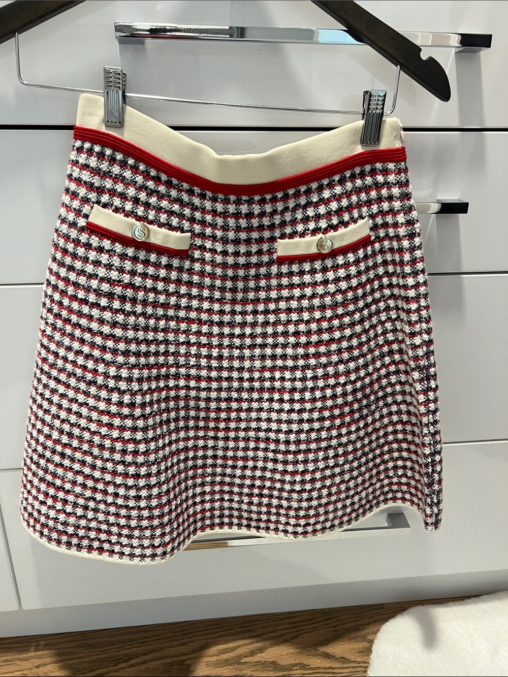 Sandro Cream, Red and Navy Houndstooth Tweed A-Line Mini Skirt